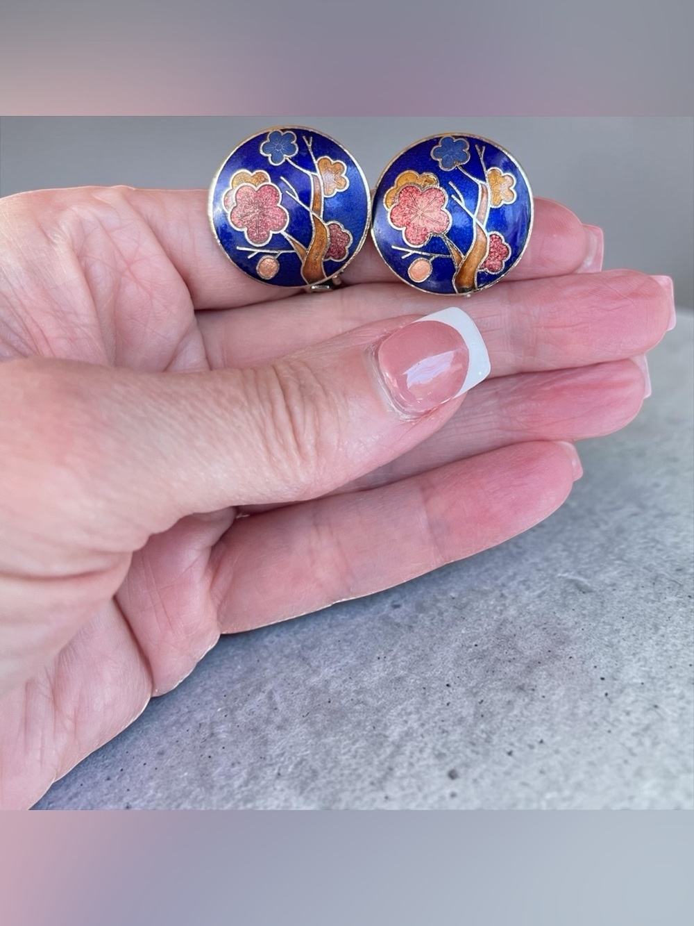 Vintage Blue Cloisonné Floral Clip On Earrings